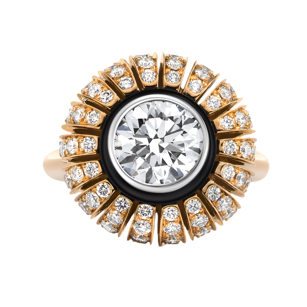 TORUS RING 2.58 CARAT TOTAL WEIGHT, CLEAR LIGHT CUT 1.31 BR G VVS1, GIA #6235574659, 1.27 MELEE, BLACK ONYX, 18K ROSE GOLD
