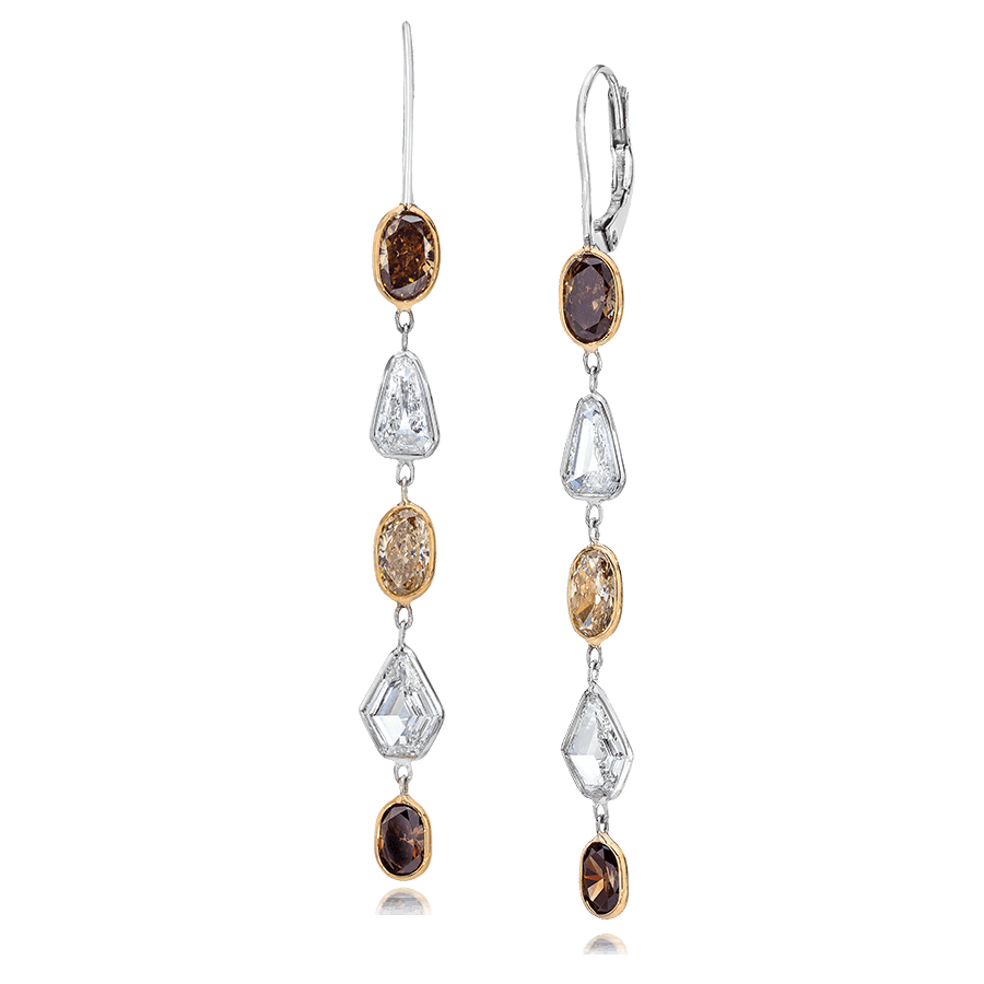 BROWN OVALS AND WHITE SHIELDS DIAMOND EARRINGS, 4.89 CTTW, 18KW