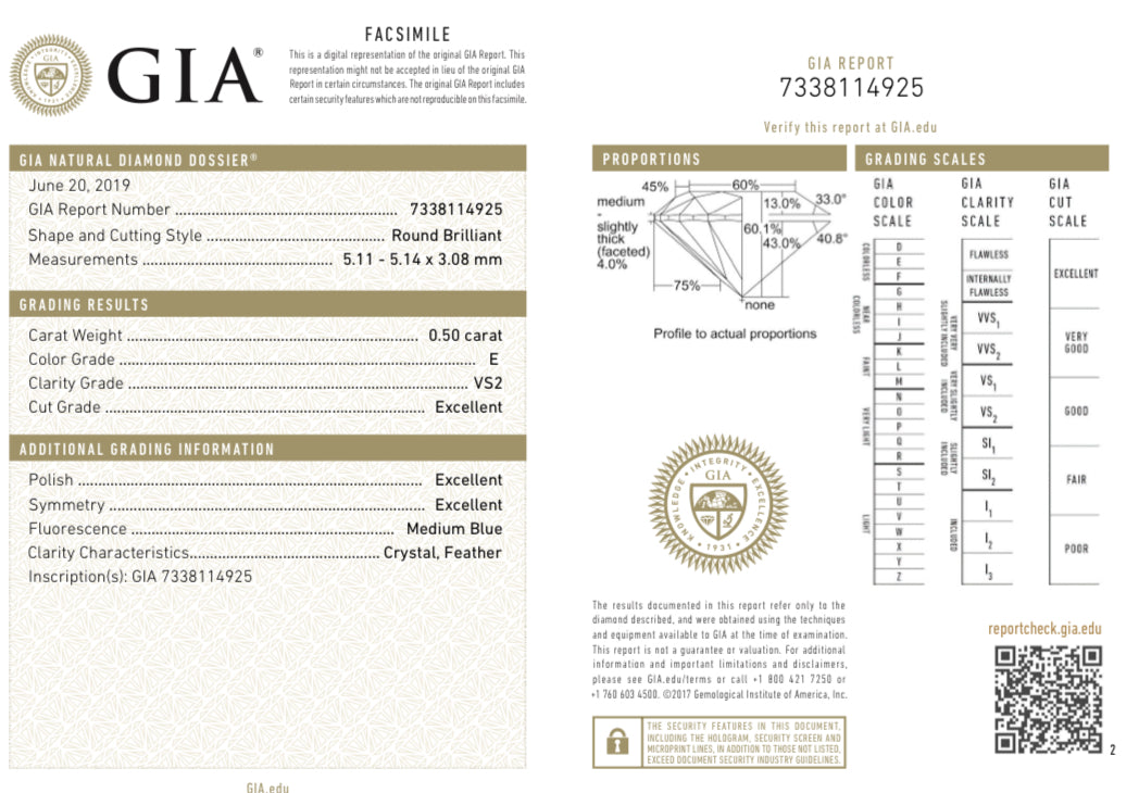 ROUND BRILLIANT 0.5 E VS2 EX EX EX MB GIA 7338114925