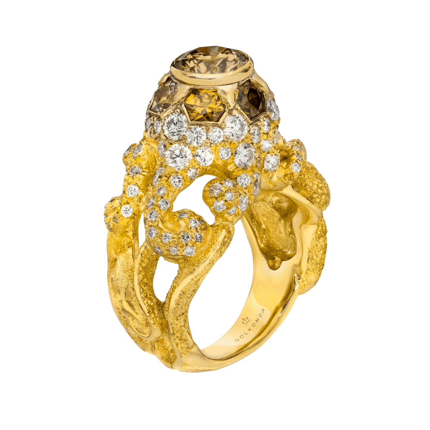 RISING OCTOPUS DIAMOND RING, 3.54 CTTW, ROUND BRILLIANT AND HONEYCOMB DIAMONDS, 18K YELLOW