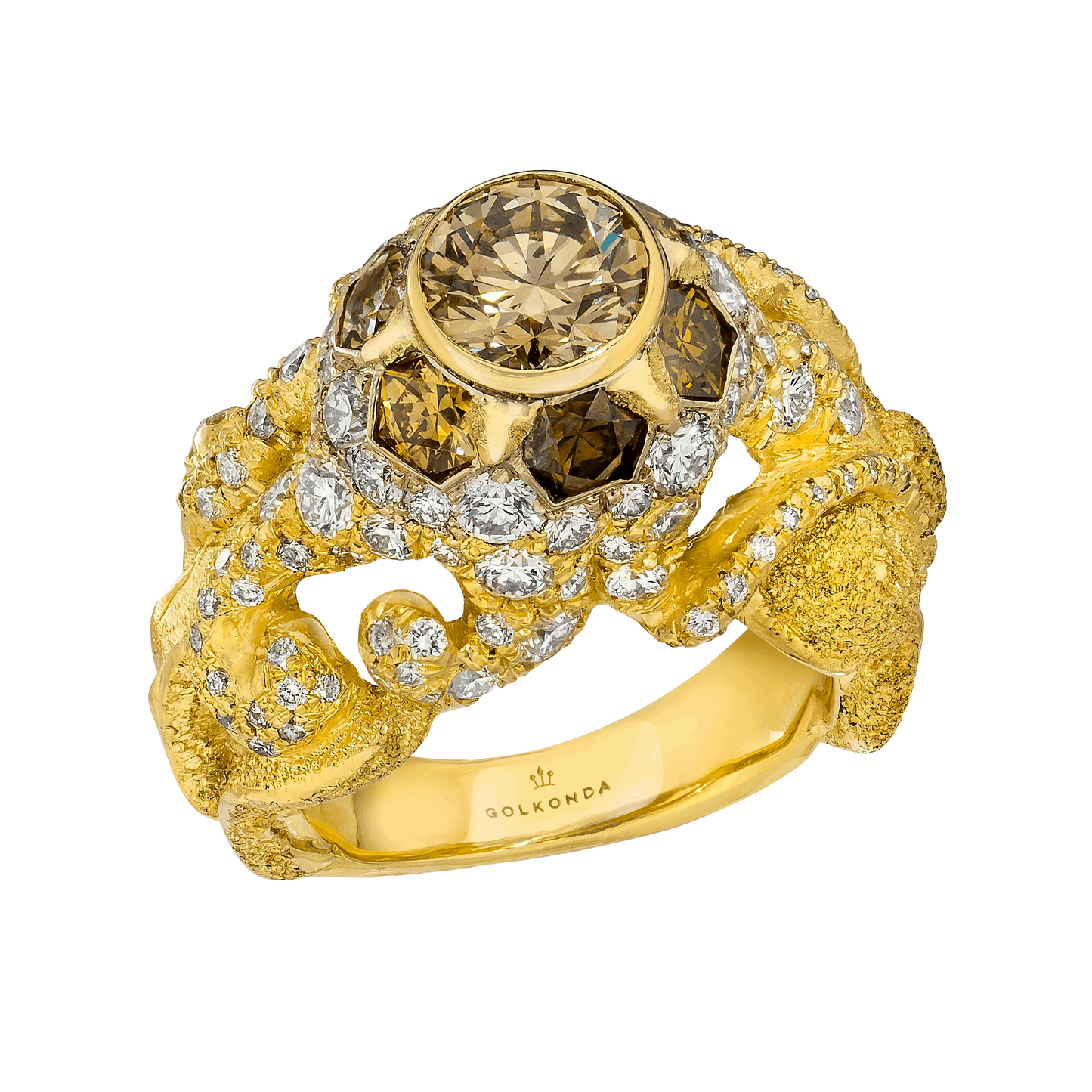 RISING OCTOPUS DIAMOND RING, 3.54 CTTW, ROUND BRILLIANT AND HONEYCOMB DIAMONDS, 18K YELLOW
