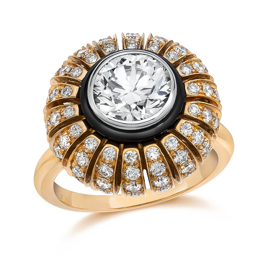 TORUS RING 2.58 CARAT TOTAL WEIGHT, CLEAR LIGHT CUT 1.31 BR G VVS1, GIA #6235574659, 1.27 MELEE, BLACK ONYX, 18K ROSE GOLD