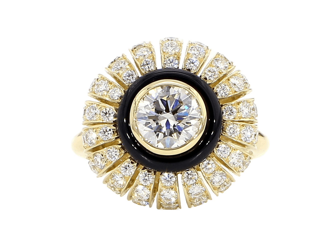 TORUS RING 2.26 CTTW, ROUND BRILLIANT 1.00, F VVS2, GIA, #3255695972, 1.26 MELEE, BLACK ONYX, 18K YELLOW