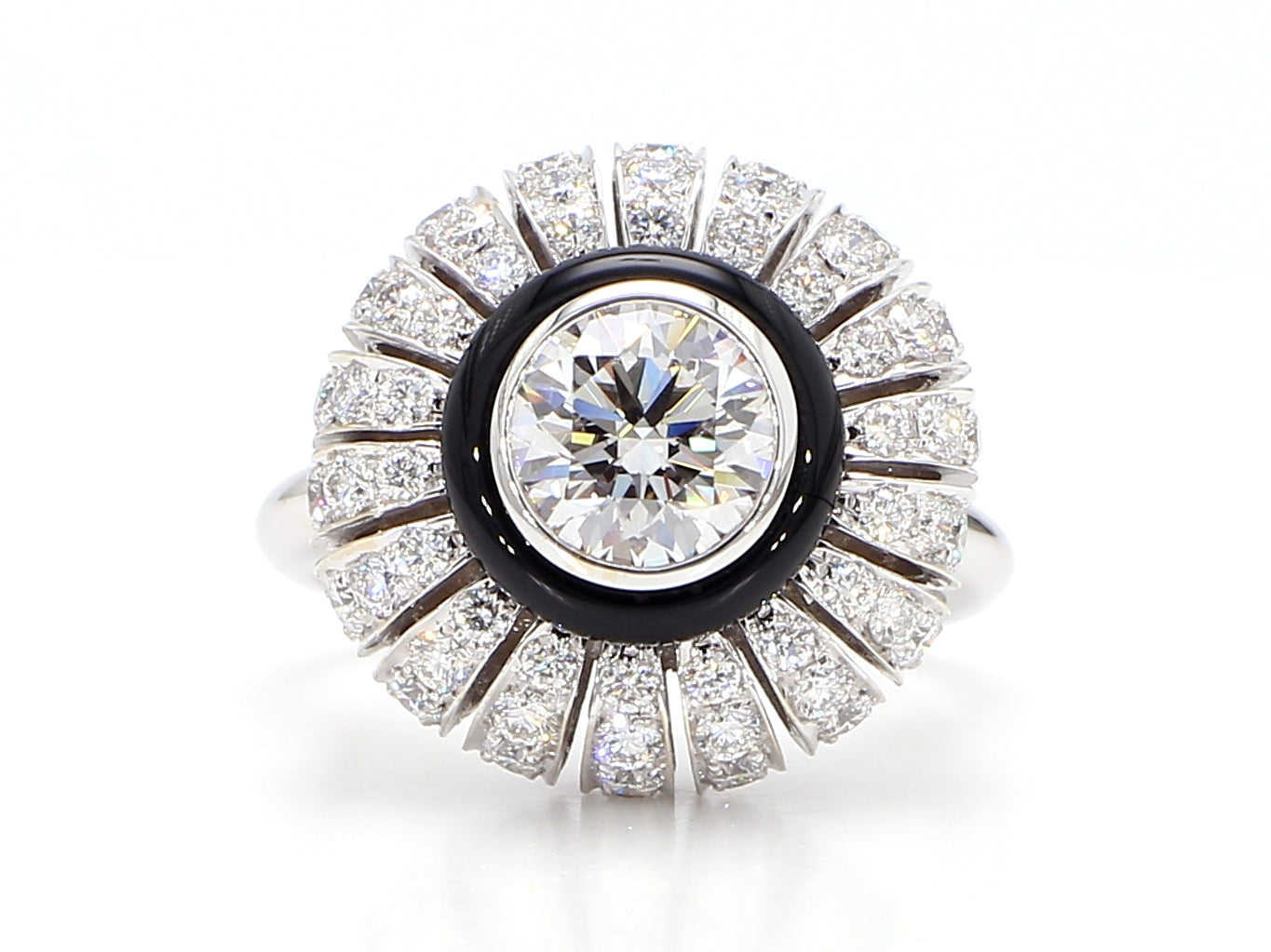 TORUS RING 2.47 CARAT TOTAL WEIGHT, TRIPLE EXCELLENT ROUND BRILLIANT 1.21 BR F VS1, GIA #3255695972, 1.26 MELEE, BLACK ONYX, 18K WHITE GOLD