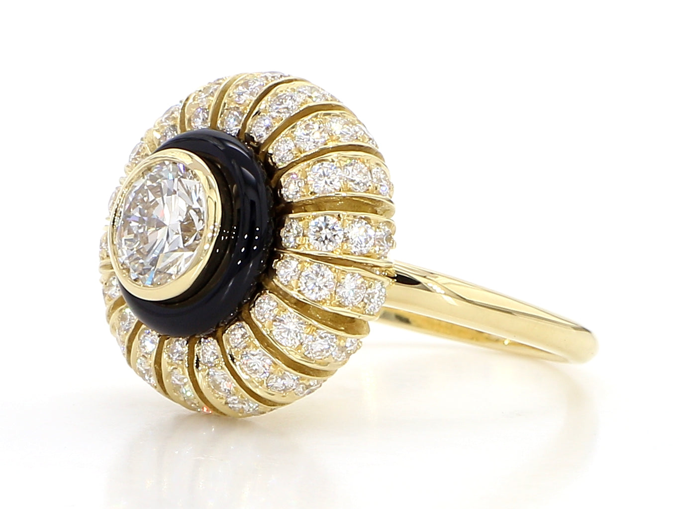 TORUS RING 2.26 CARAT TOTAL WEIGHT, TRIPLE EXCELLENT ROUND BRILLIANT 1.00, F VVS2, GIA, #3255695972, 1.26 MELEE, BLACK ONYX, 18K YELLOW GOLD