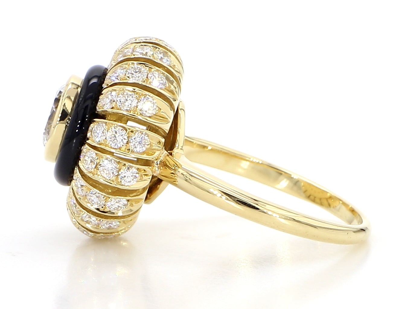 TORUS RING 2.26 CARAT TOTAL WEIGHT, TRIPLE EXCELLENT ROUND BRILLIANT 1.00, F VVS2, GIA, #3255695972, 1.26 MELEE, BLACK ONYX, 18K YELLOW GOLD