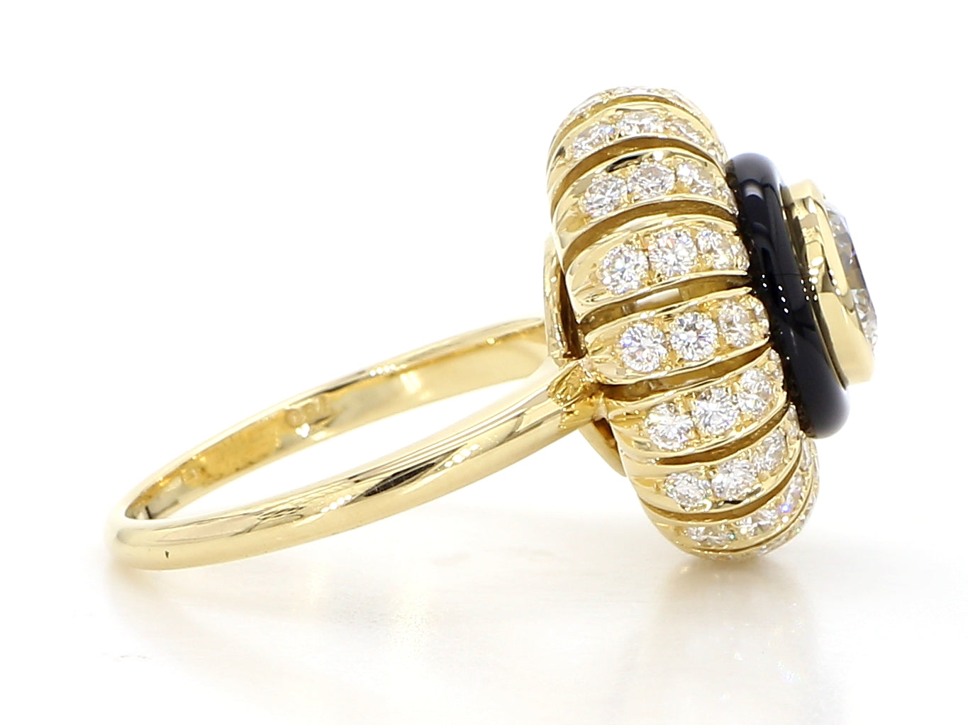 TORUS RING 2.26 CARAT TOTAL WEIGHT, TRIPLE EXCELLENT ROUND BRILLIANT 1.00, F VVS2, GIA, #3255695972, 1.26 MELEE, BLACK ONYX, 18K YELLOW GOLD