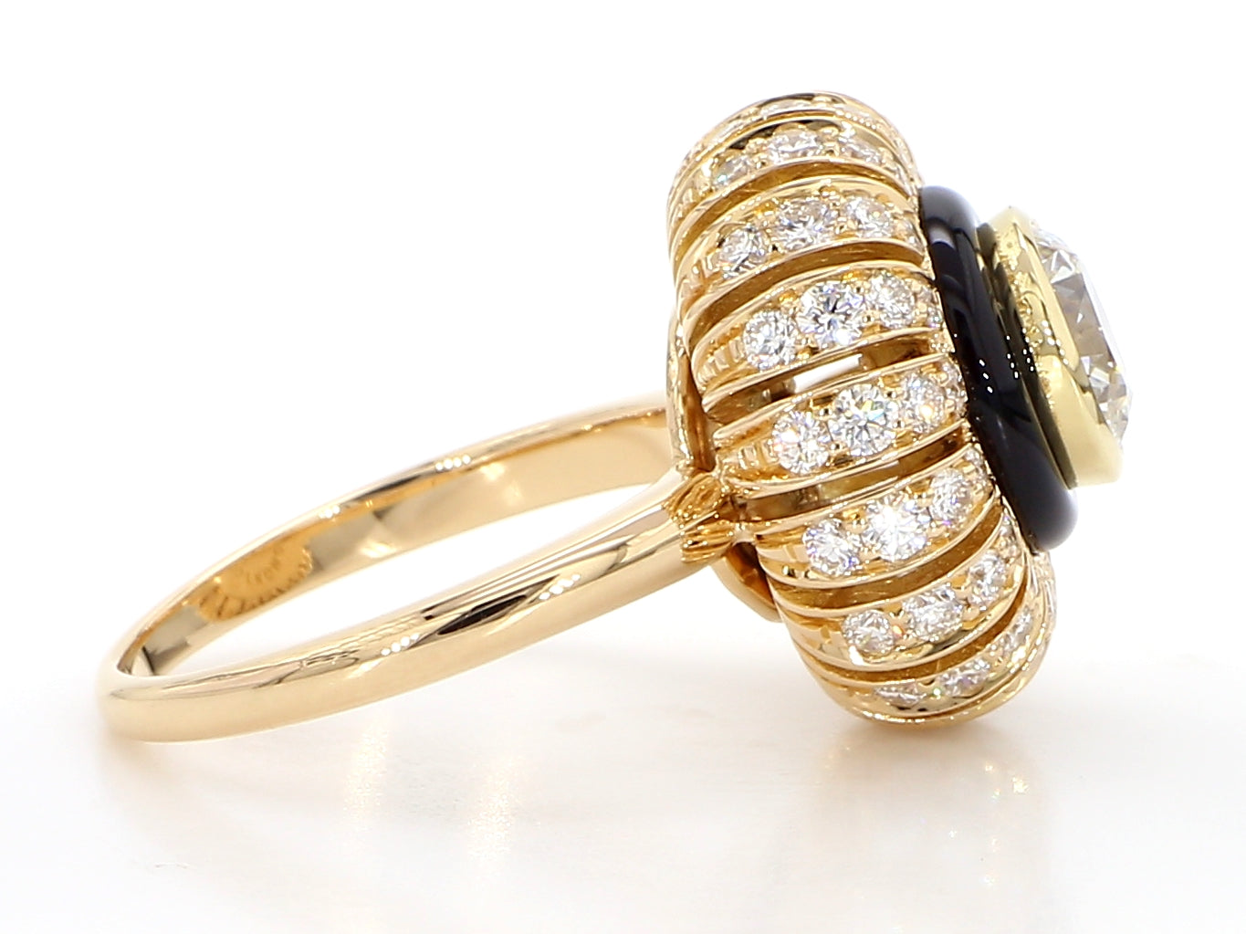 TORUS RING 2.58 CARAT TOTAL WEIGHT, CLEAR LIGHT CUT 1.31 BR G VVS1, GIA #6235574659, 1.27 MELEE, BLACK ONYX, 18K ROSE GOLD