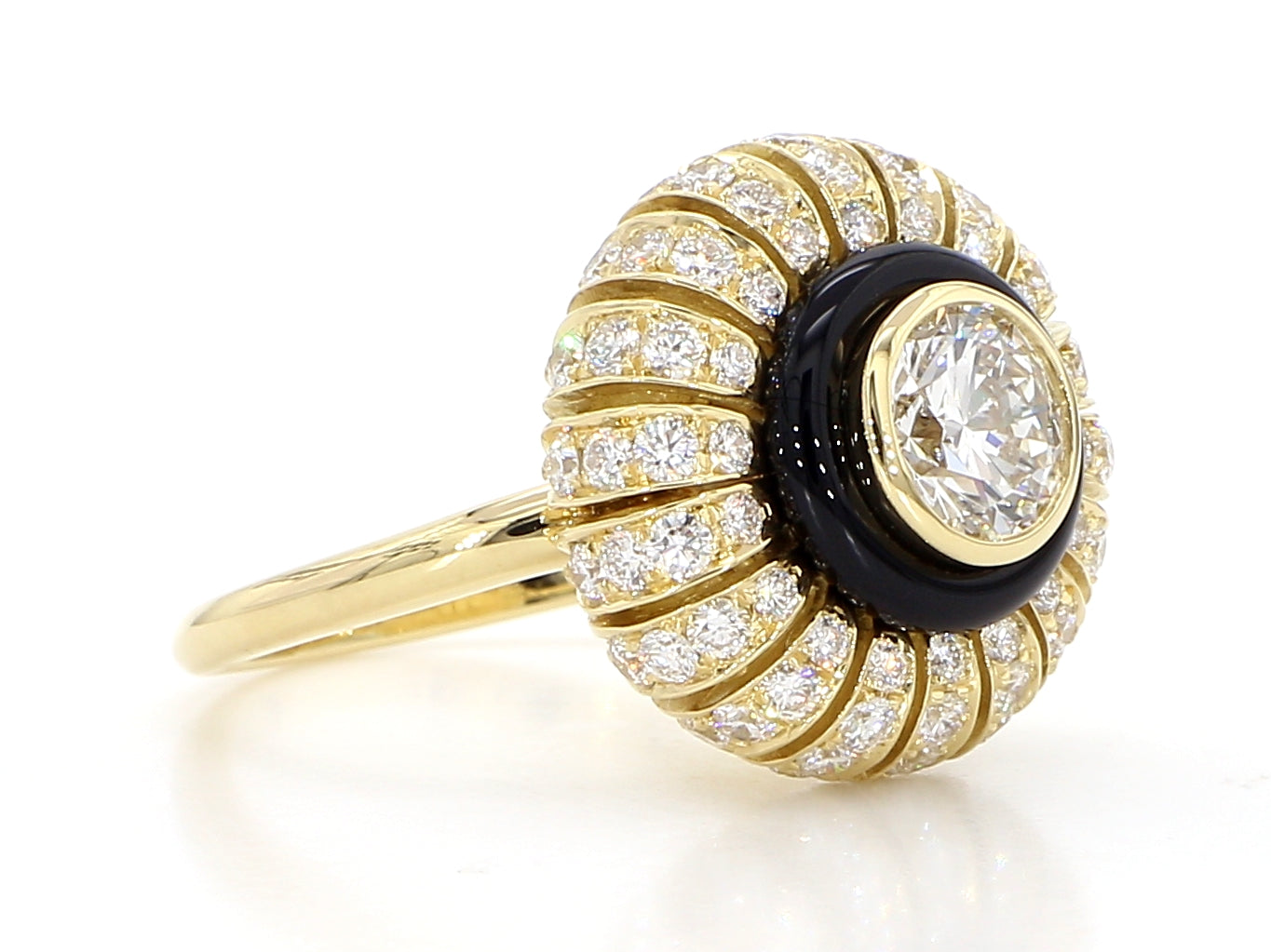 TORUS RING 2.26 CARAT TOTAL WEIGHT, TRIPLE EXCELLENT ROUND BRILLIANT 1.00, F VVS2, GIA, #3255695972, 1.26 MELEE, BLACK ONYX, 18K YELLOW GOLD