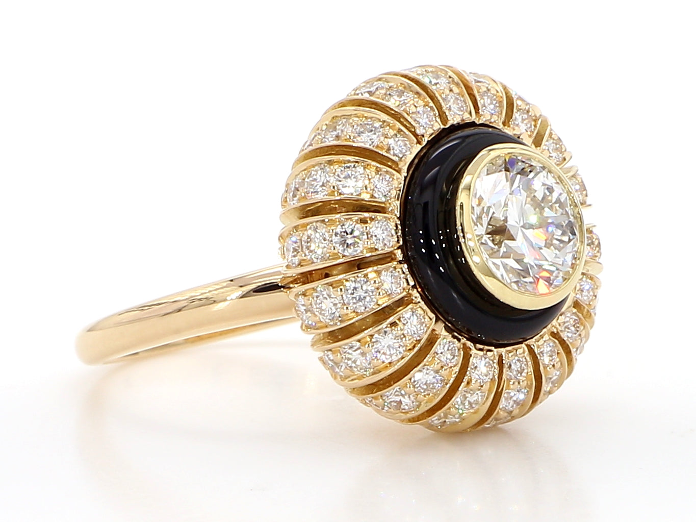 TORUS RING 2.58 CARAT TOTAL WEIGHT, CLEAR LIGHT CUT 1.31 BR G VVS1, GIA #6235574659, 1.27 MELEE, BLACK ONYX, 18K ROSE GOLD