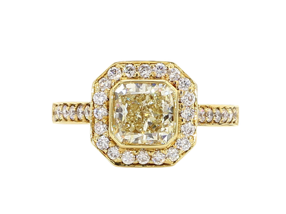 ENGAGEMENT RING, LIGHT YELLOW SQUARE CENTER, 1.37 CT, CUSHION HALO RING, 2.17 CARAT TOTAL WEIGHT, 18K YELLOW GOLD
