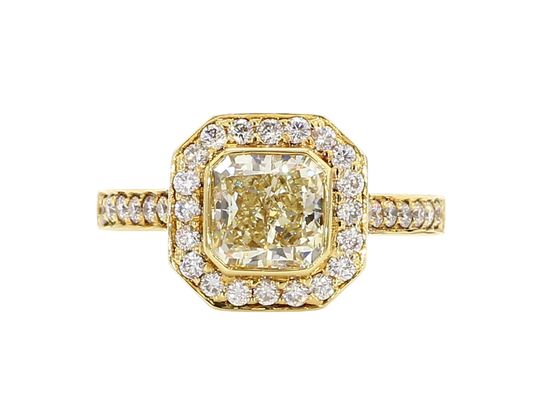 ENGAGEMENT RING, LIGHT YELLOW SQUARE CENTER, 1.37 CT, CUSHION HALO RING, 2.17 CARAT TOTAL WEIGHT, 18K YELLOW GOLD