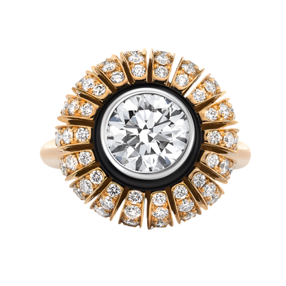 TORUS RING 2.58 CARAT TOTAL WEIGHT, CLEAR LIGHT CUT 1.31 BR G VVS1, GIA #6235574659, 1.27 MELEE, BLACK ONYX, 18K ROSE GOLD