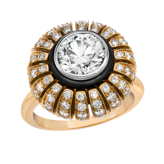 TORUS RING 2.58 CARAT TOTAL WEIGHT, CLEAR LIGHT CUT 1.31 BR G VVS1, GIA #6235574659, 1.27 MELEE, BLACK ONYX, 18K ROSE GOLD