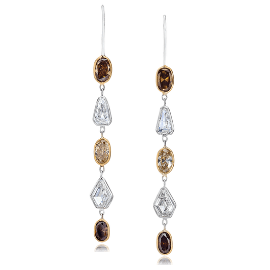BROWN OVALS AND WHITE SHIELDS DIAMOND EARRINGS, 4.89 CTTW, 18KW