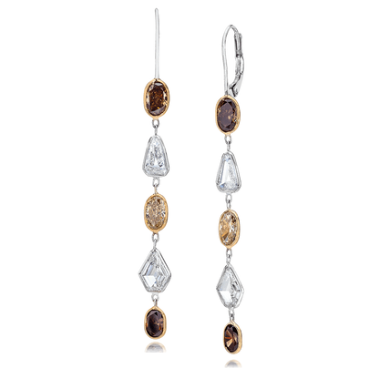 BROWN OVALS AND WHITE SHIELDS DIAMOND EARRINGS, 4.89 CTTW, 18KW