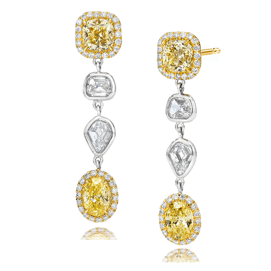 YELLOW RADIANT AND SHEILD CUT DIAMOND EARRINGS, 5.22 CTTW 18K, PLATINUM