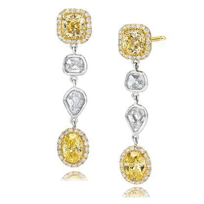 YELLOW RADIANT AND SHEILD CUT DIAMOND EARRINGS, 5.22 CTTW 18K, PLATINUM