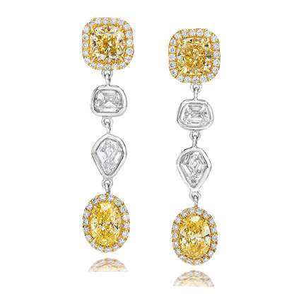 YELLOW RADIANT AND SHEILD CUT DIAMOND EARRINGS, 5.22 CTTW 18K, PLATINUM