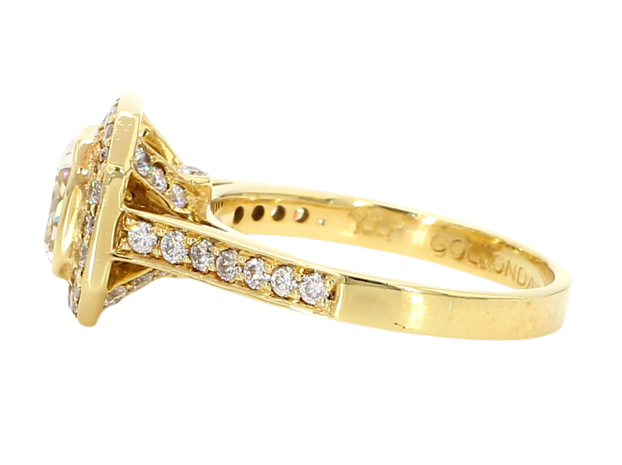 ENGAGEMENT RING, LIGHT YELLOW SQUARE CENTER, 1.37 CT, CUSHION HALO RING, 2.17 CARAT TOTAL WEIGHT, 18K YELLOW GOLD