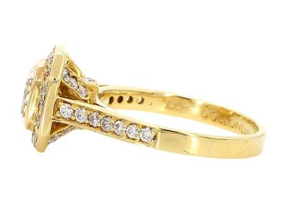 ENGAGEMENT RING, LIGHT YELLOW SQUARE CENTER, 1.37 CT, CUSHION HALO RING, 2.17 CARAT TOTAL WEIGHT, 18K YELLOW GOLD