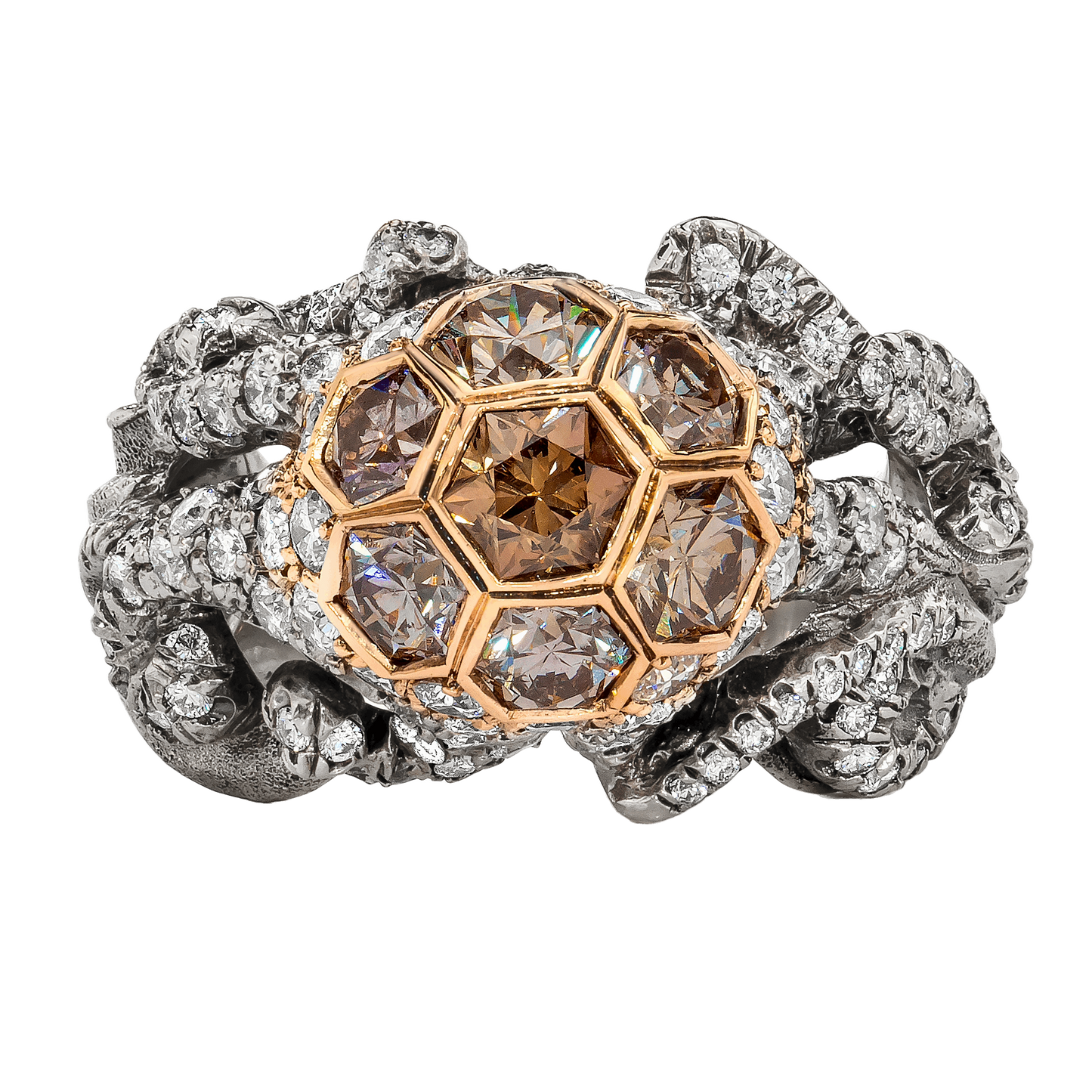 OCTOPUS RING, 3.42 CTTW, HONEYCOMB BRILLIANT CUT DIAMONDS, 18K WHITE