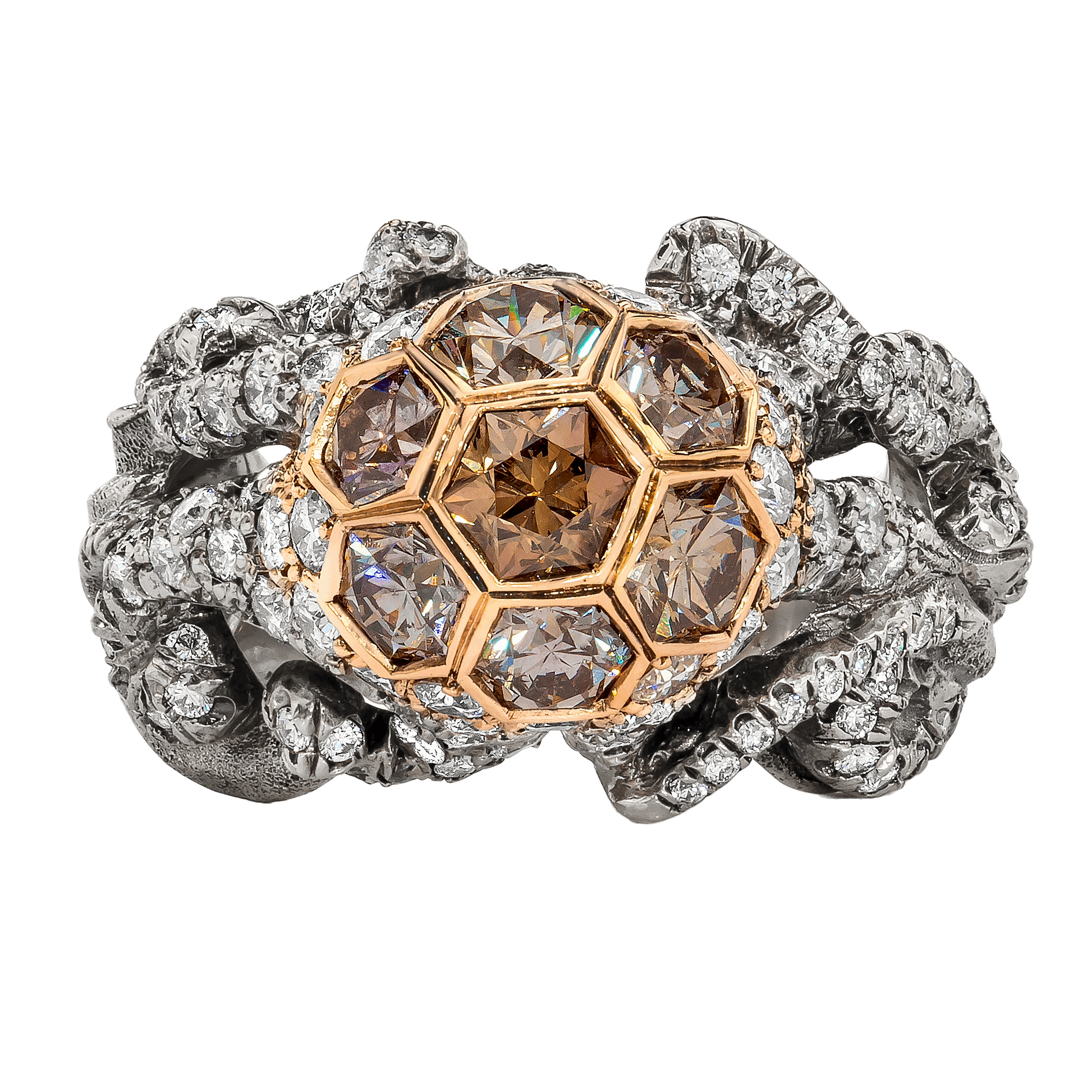 OCTOPUS RING, 3.42 CTTW, HONEYCOMB BRILLIANT CUT DIAMONDS, 18K WHITE