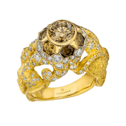 RISING OCTOPUS DIAMOND RING, 3.54 CTTW, ROUND BRILLIANT AND HONEYCOMB DIAMONDS, 18K YELLOW