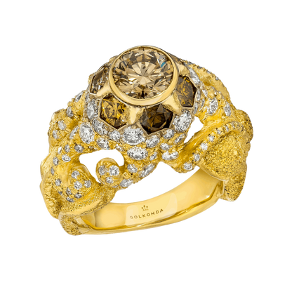 RISING OCTOPUS DIAMOND RING, 3.54 CTTW, ROUND BRILLIANT AND HONEYCOMB DIAMONDS, 18K YELLOW