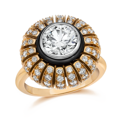 TORUS RING 2.58 CARAT TOTAL WEIGHT, CLEAR LIGHT CUT 1.31 BR G VVS1, GIA #6235574659, 1.27 MELEE, BLACK ONYX, 18K ROSE GOLD