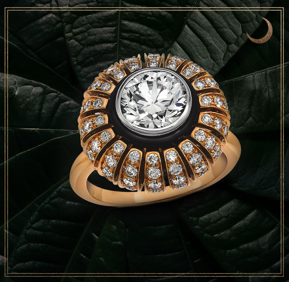 TORUS RING 2.58 CARAT TOTAL WEIGHT, CLEAR LIGHT CUT 1.31 BR G VVS1, GIA #6235574659, 1.27 MELEE, BLACK ONYX, 18K ROSE GOLD