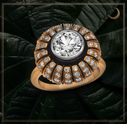 TORUS RING 2.58 CARAT TOTAL WEIGHT, CLEAR LIGHT CUT 1.31 BR G VVS1, GIA #6235574659, 1.27 MELEE, BLACK ONYX, 18K ROSE GOLD