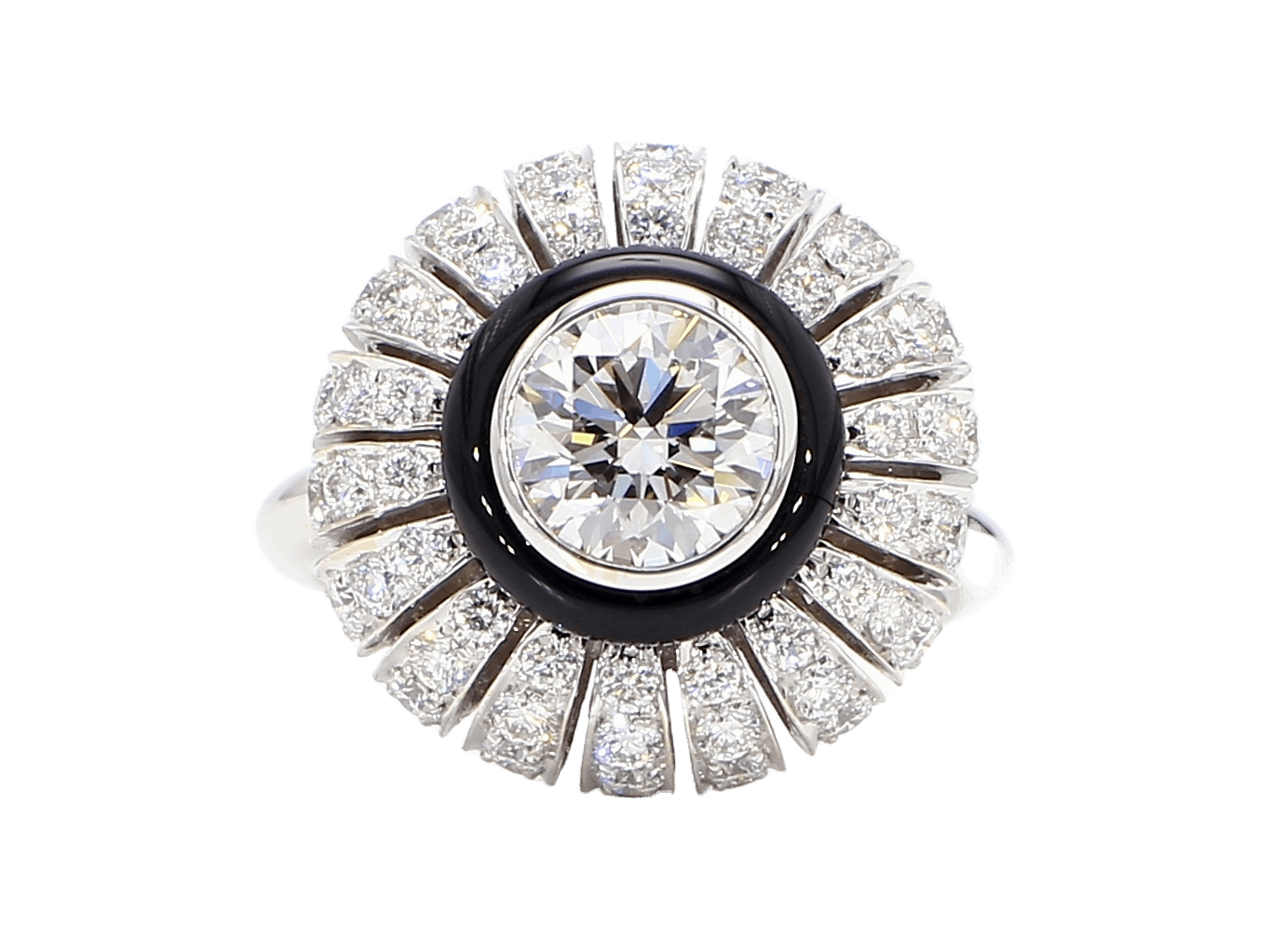 TORUS RING 2.47 CTTW, ROUND BRILLIANT 1.21 BR F VS1, GIA #3255695972, 1.26 MELEE, BLACK ONYX, 18K WHITE
