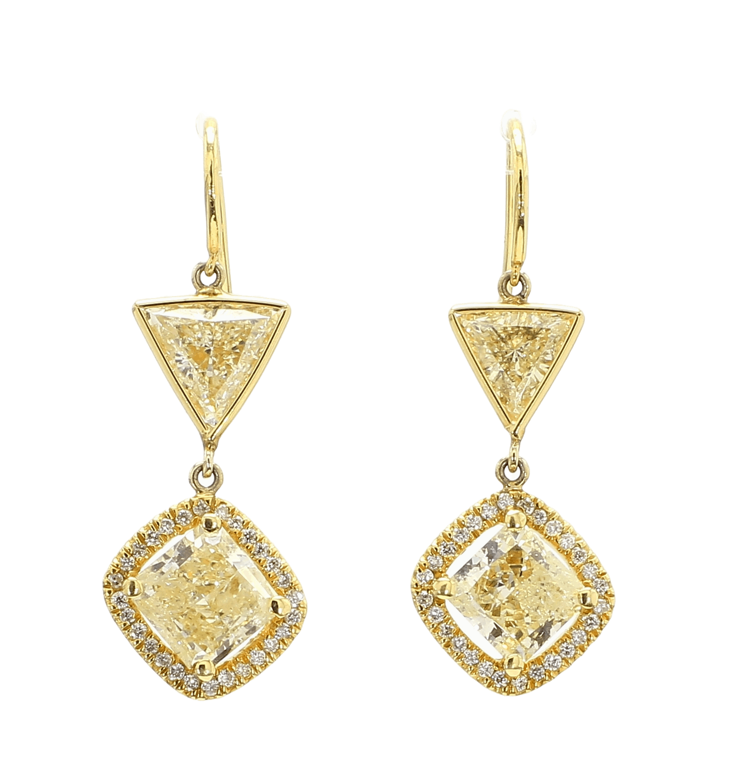 YELLOW SQUARE CUSHION AND TRIANGLE DIAMOND EARRINGS, 4.14 CTTW, 18KY