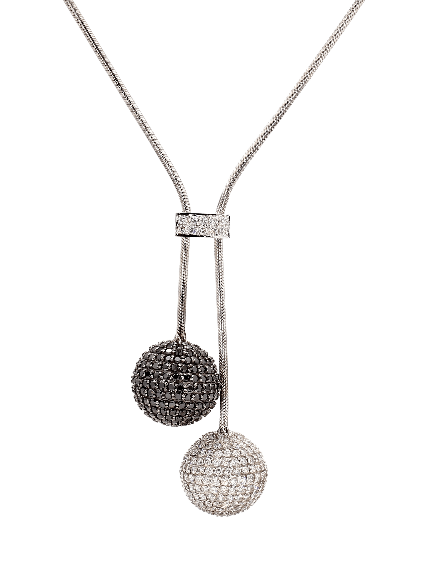 BLACK AND WHITE DIAMOND SPHERES NECKLACE, 6.88 CTTW, PLATINUM