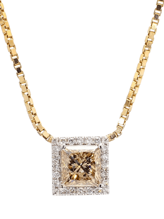 PRINCESS CUT DIAMOND NECKLACE, 3.02 CARAT, FANCY BROWN -YELLOW FRAMED WITH WHITE DIAMONDS, 14K YELLOW