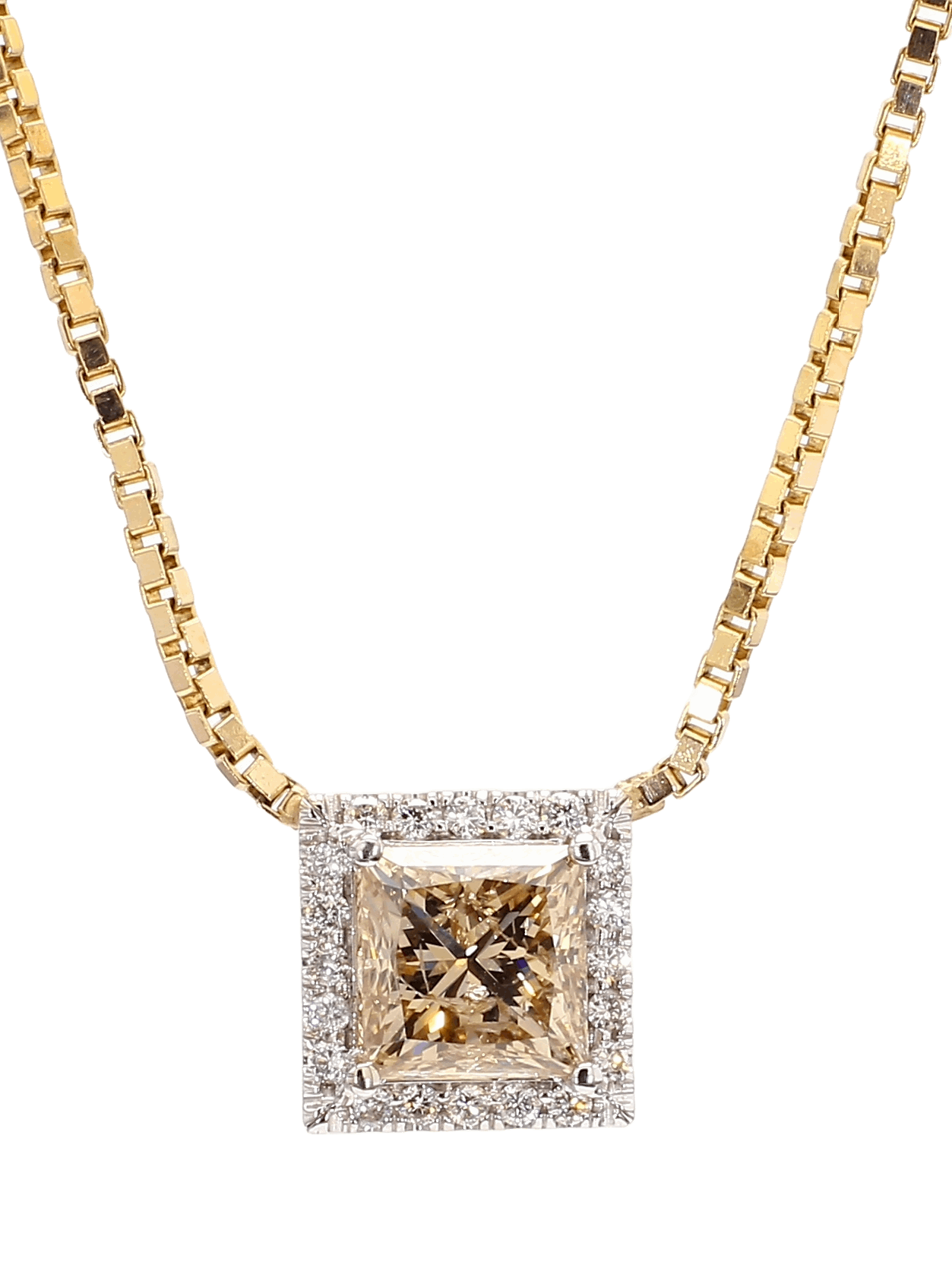 PRINCESS CUT DIAMOND NECKLACE, 3.02 CARAT, FANCY BROWN -YELLOW FRAMED WITH WHITE DIAMONDS, 14K YELLOW