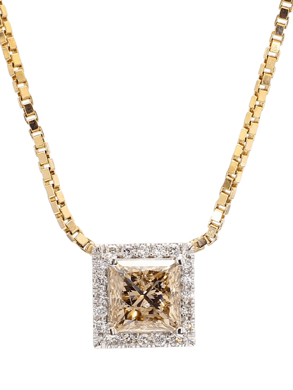 PRINCESS CUT DIAMOND NECKLACE, 3.02 CARAT, FANCY BROWN -YELLOW FRAMED WITH WHITE DIAMONDS, 14K YELLOW