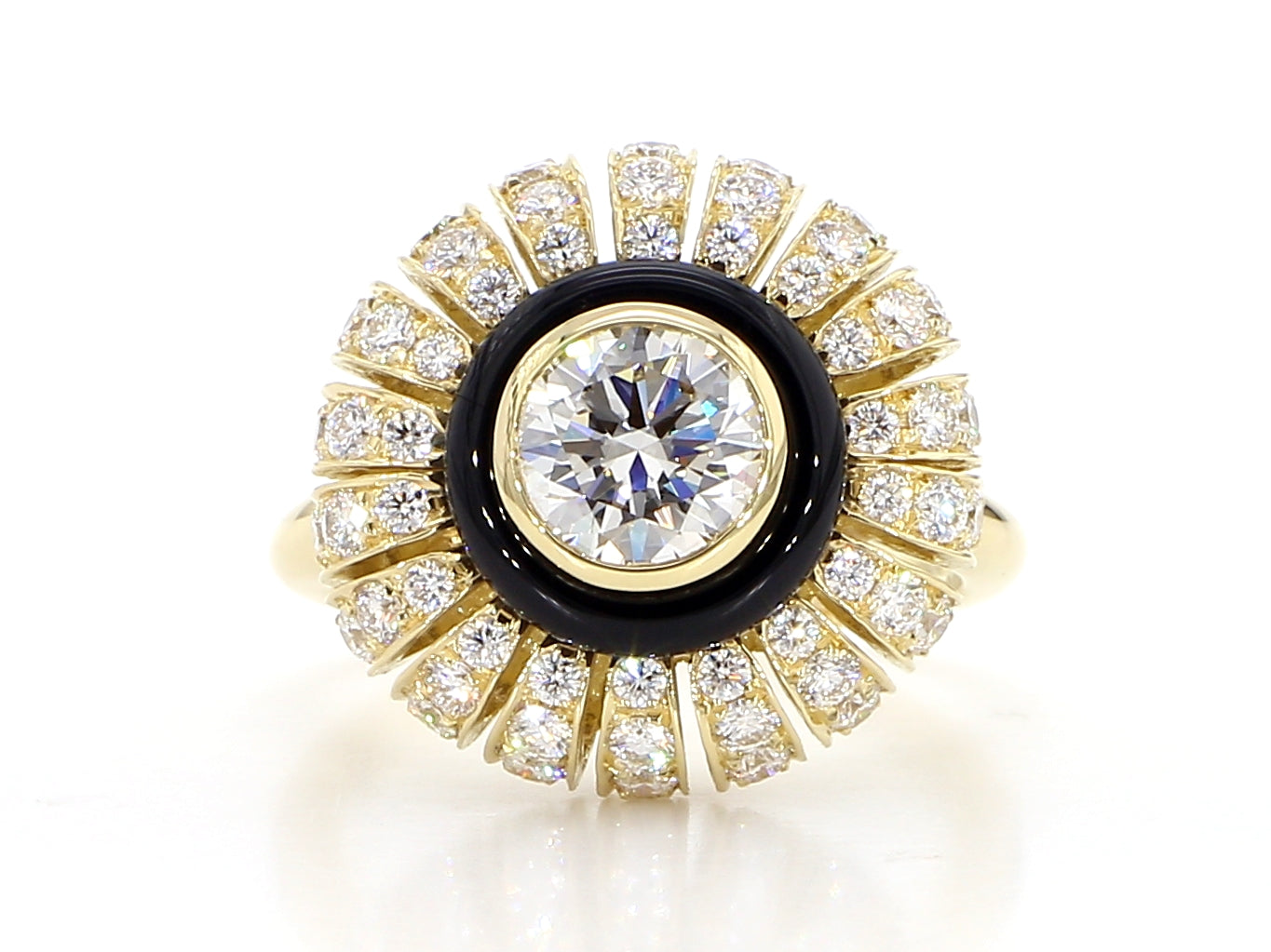 TORUS RING 2.26 CARAT TOTAL WEIGHT, TRIPLE EXCELLENT ROUND BRILLIANT 1.00, F VVS2, GIA, #3255695972, 1.26 MELEE, BLACK ONYX, 18K YELLOW GOLD