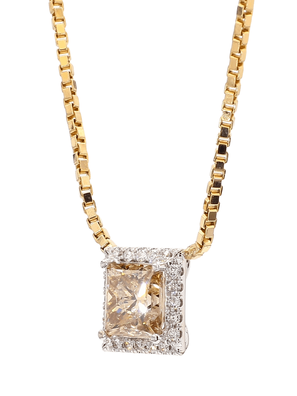 PRINCESS CUT DIAMOND NECKLACE, 3.02 CARAT, FANCY BROWN -YELLOW FRAMED WITH WHITE DIAMONDS, 14K YELLOW