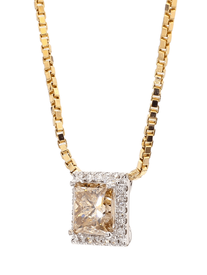 PRINCESS CUT DIAMOND NECKLACE, 3.02 CARAT, FANCY BROWN -YELLOW FRAMED WITH WHITE DIAMONDS, 14K YELLOW