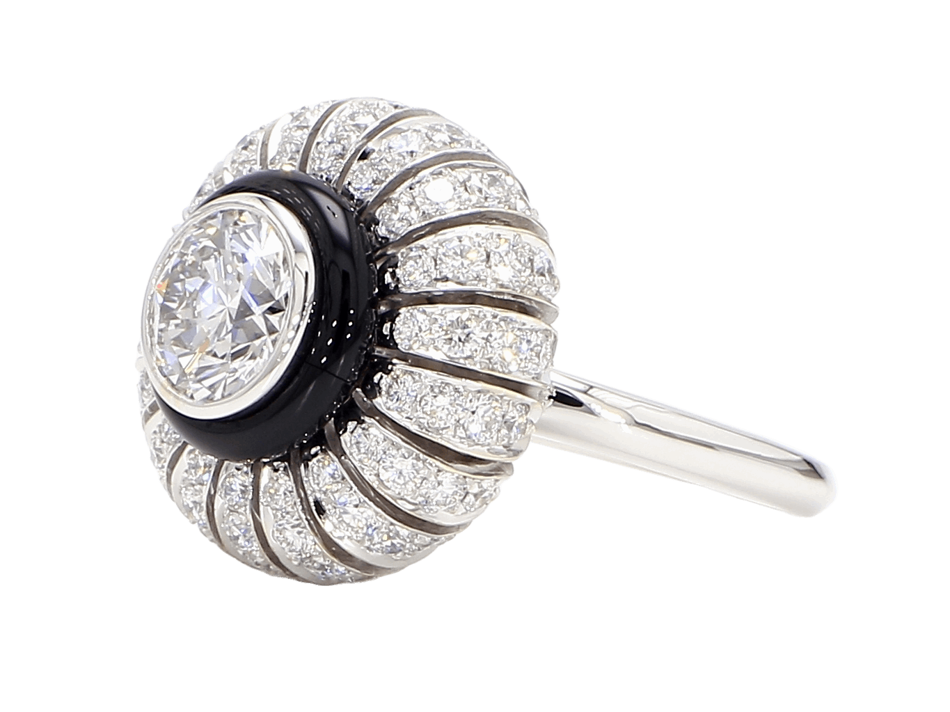 TORUS RING 2.47 CTTW, ROUND BRILLIANT 1.21 BR F VS1, GIA #3255695972, 1.26 MELEE, BLACK ONYX, 18K WHITE