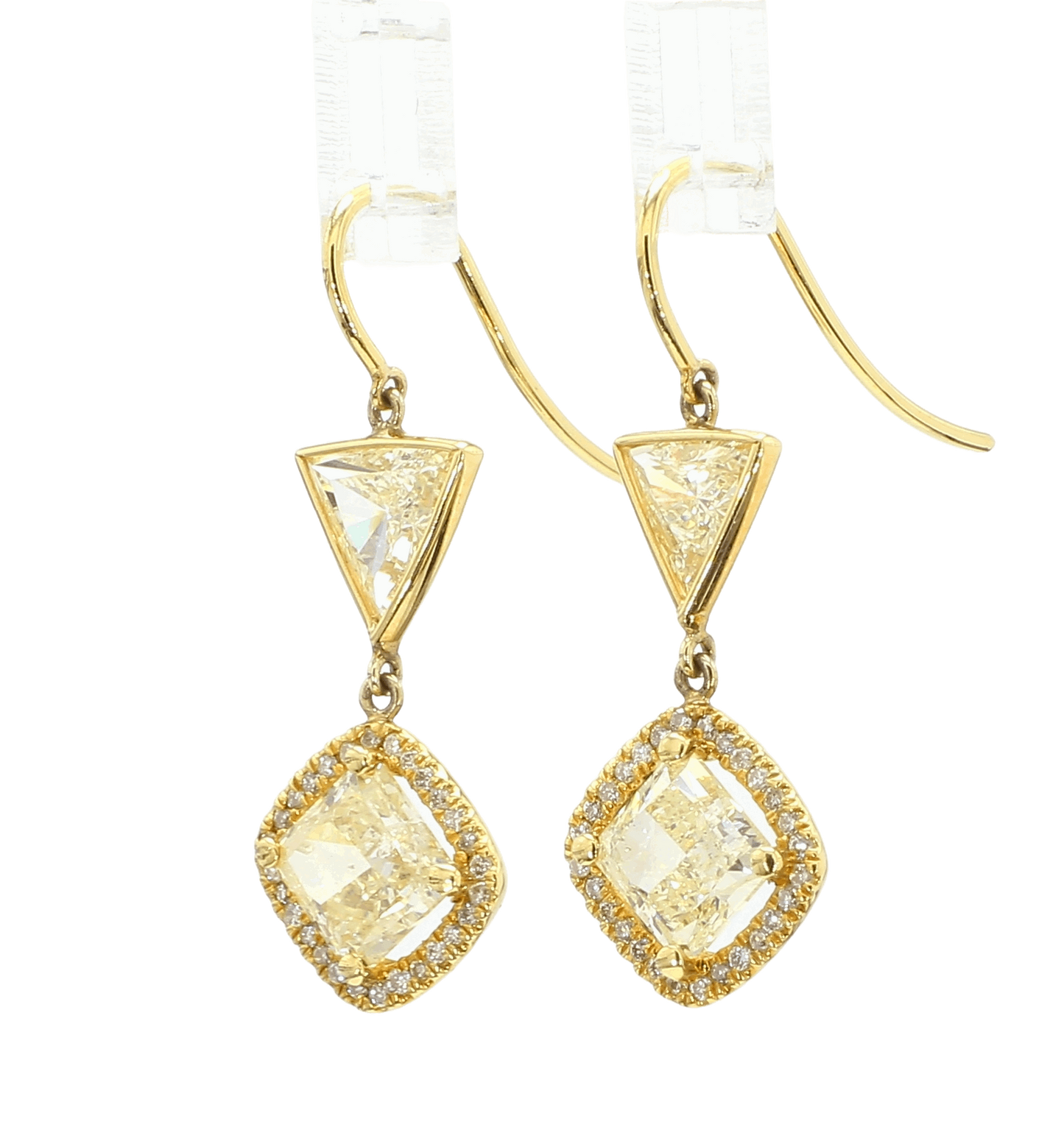 YELLOW SQUARE CUSHION AND TRIANGLE DIAMOND EARRINGS, 4.14 CTTW, 18KY