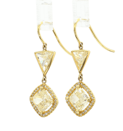 YELLOW SQUARE CUSHION AND TRIANGLE DIAMOND EARRINGS, 4.14 CTTW, 18KY