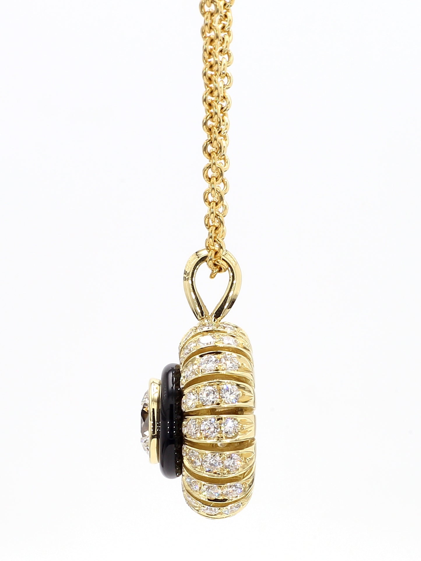 TORUS NECKLACE 2.29 CARAT TOTAL WEIGHT, TRIPLE EXCELLENT ROUND BRILLIANT 1.02 E VS1, GIA #7221403423, 1.27 MELEE, BLACK ONYX, 18K YELLOW GOLD