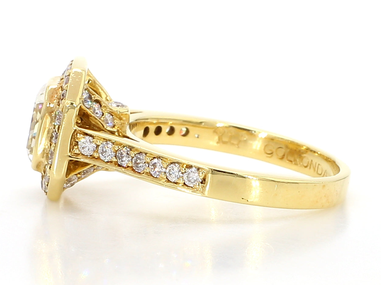 ENGAGEMENT RING, LIGHT YELLOW SQUARE CENTER, 1.37 CT, CUSHION HALO RING, 2.17 CARAT TOTAL WEIGHT, 18K YELLOW GOLD