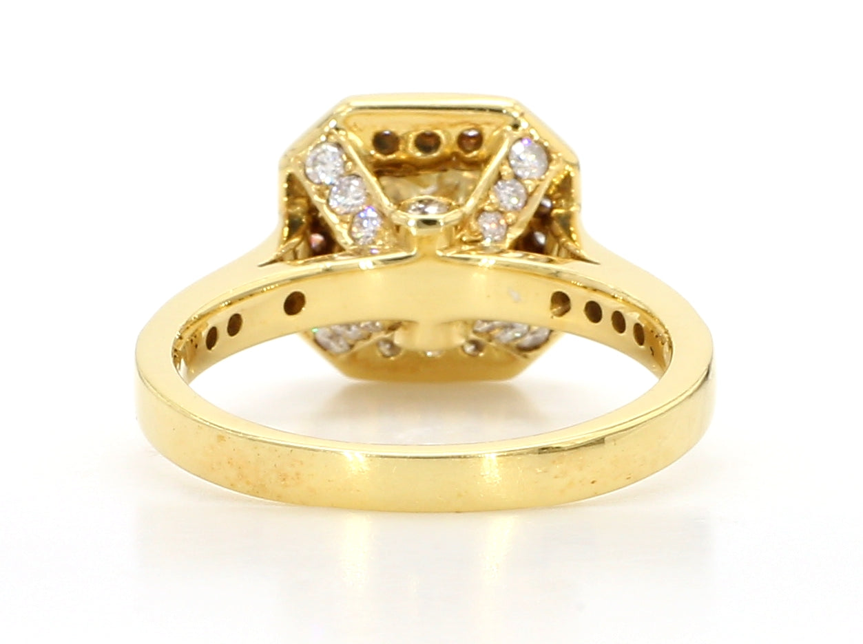 ENGAGEMENT RING, LIGHT YELLOW SQUARE CENTER, 1.37 CT, CUSHION HALO RING, 2.17 CARAT TOTAL WEIGHT, 18K YELLOW GOLD