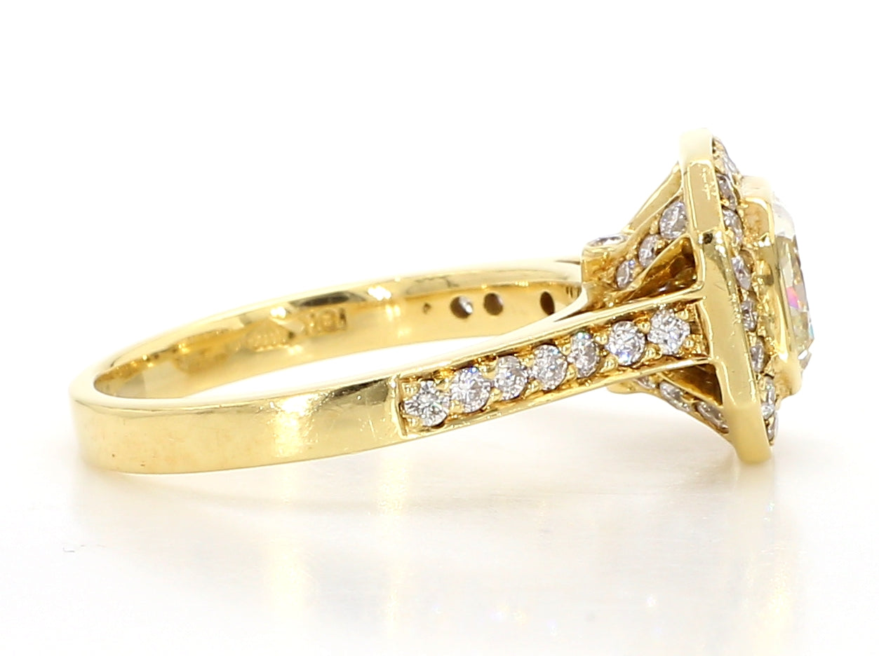 ENGAGEMENT RING, LIGHT YELLOW SQUARE CENTER, 1.37 CT, CUSHION HALO RING, 2.17 CARAT TOTAL WEIGHT, 18K YELLOW GOLD