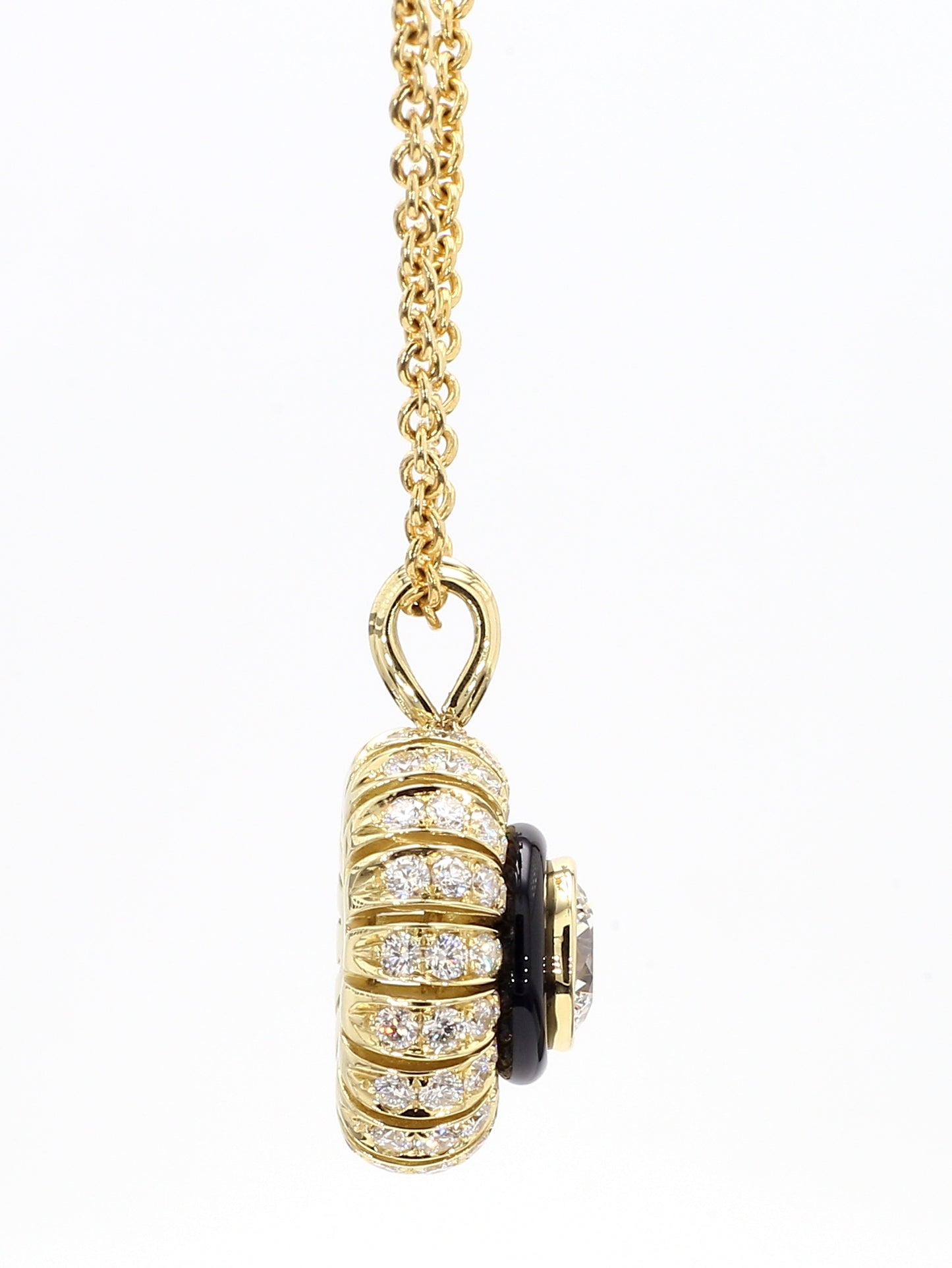 TORUS NECKLACE 2.29 CARAT TOTAL WEIGHT, TRIPLE EXCELLENT ROUND BRILLIANT 1.02 E VS1, GIA #7221403423, 1.27 MELEE, BLACK ONYX, 18K YELLOW GOLD