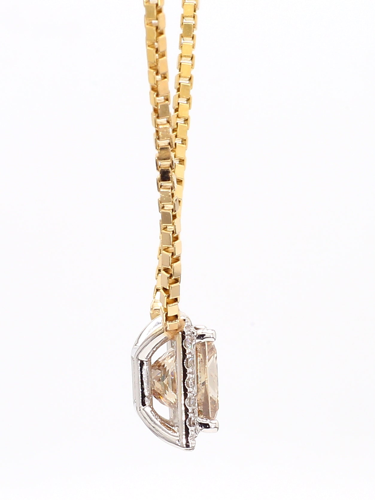 PRINCESS CUT DIAMOND NECKLACE, 3.02 CARAT, FANCY BROWN -YELLOW FRAMED WITH WHITE DIAMONDS, 14K YELLOW